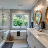 Modern bathroom with bathtub, vanity, and glass shower.