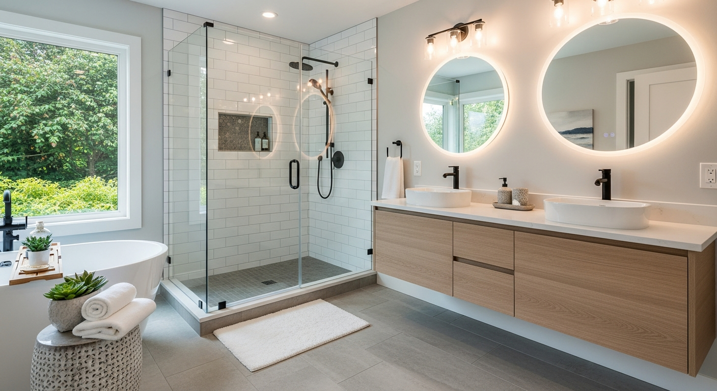 Modern bathroom with glass shower and double sinks