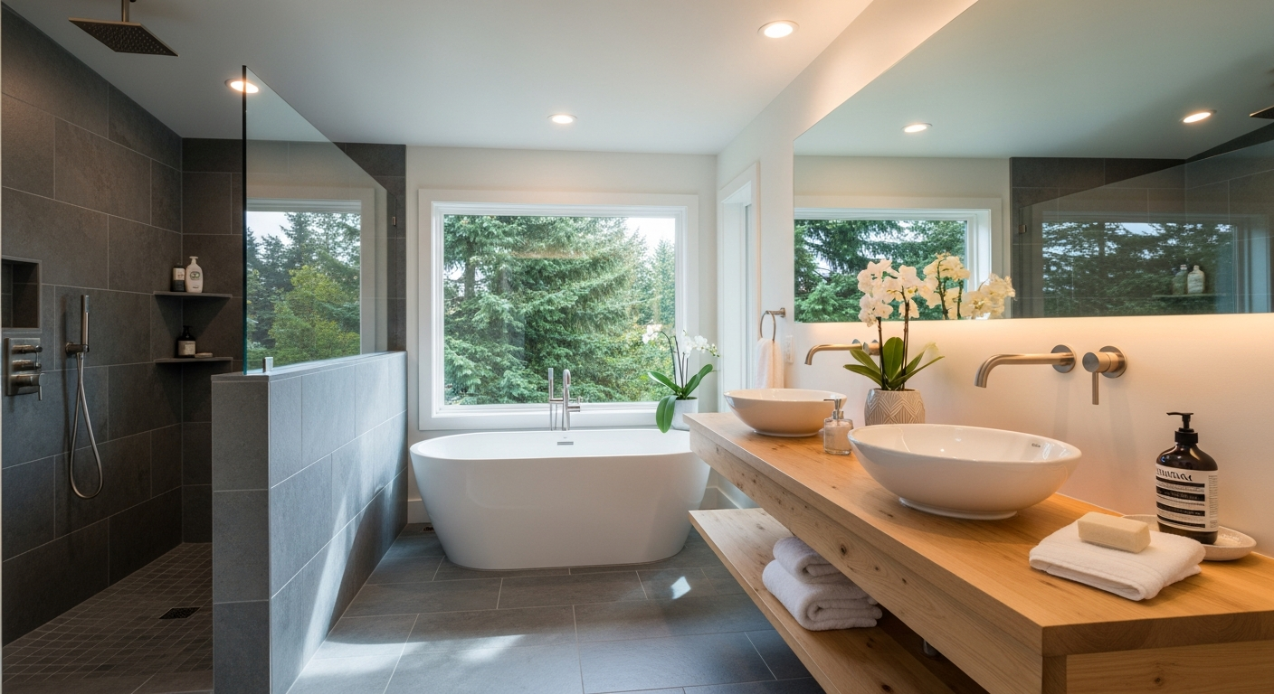 Modern bathroom with large window and freestanding tub.