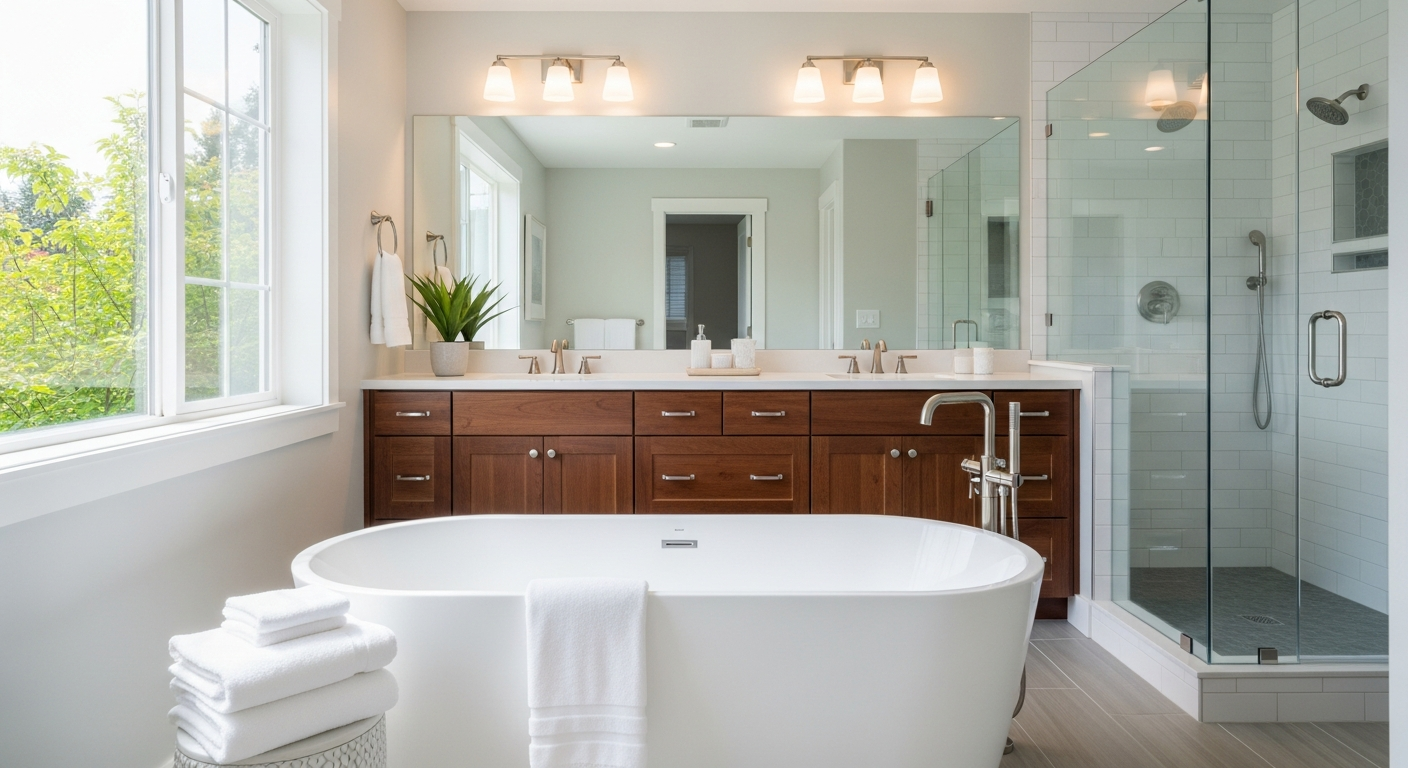 Modern bathroom with bathtub and glass shower.