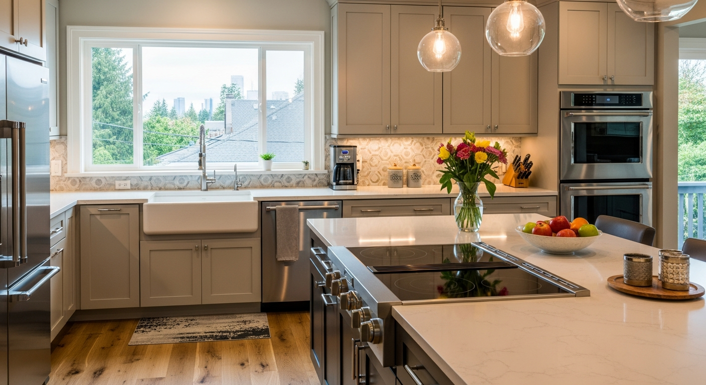 Modern kitchen with island and large window view.