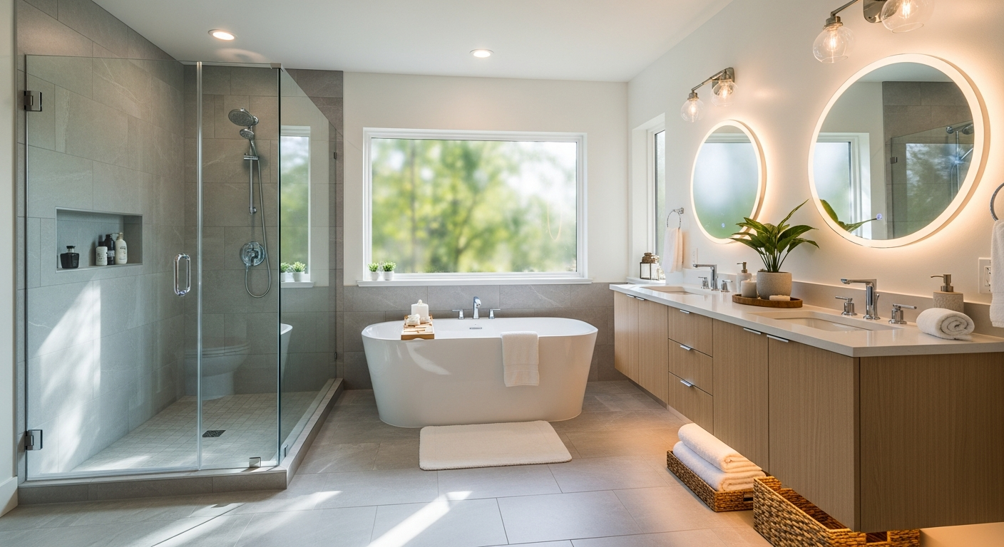 Modern bathroom with freestanding tub and glass shower.