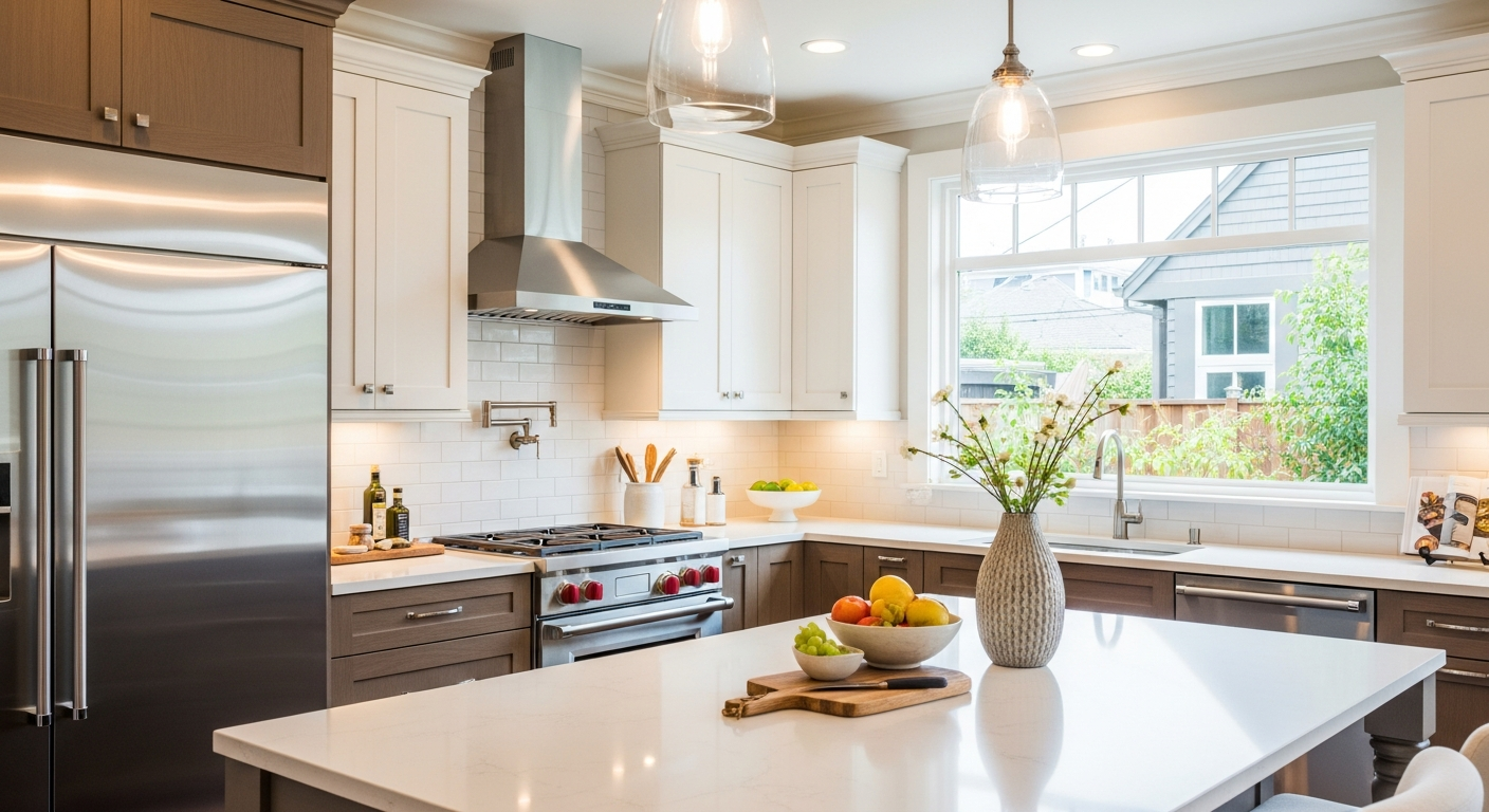 Modern kitchen with island and stainless steel appliances.