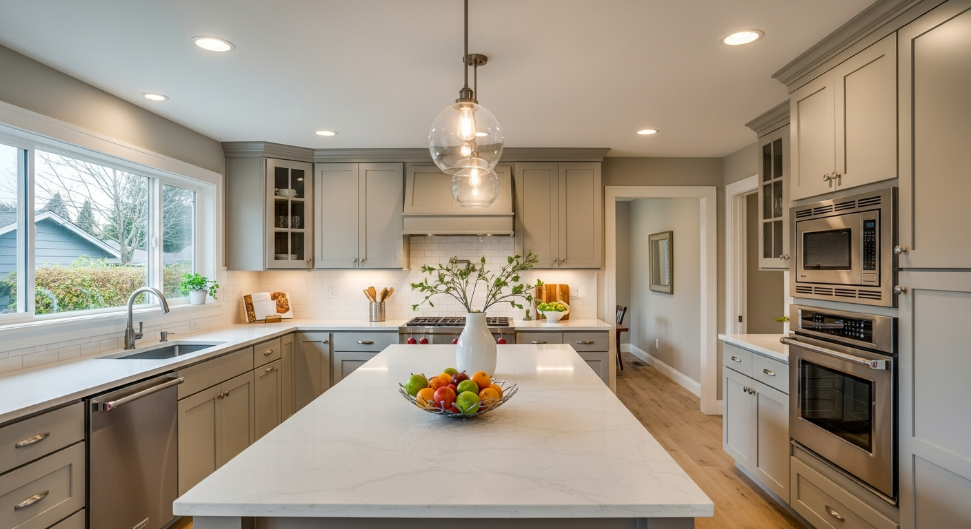 Modern kitchen with island and hanging lights.