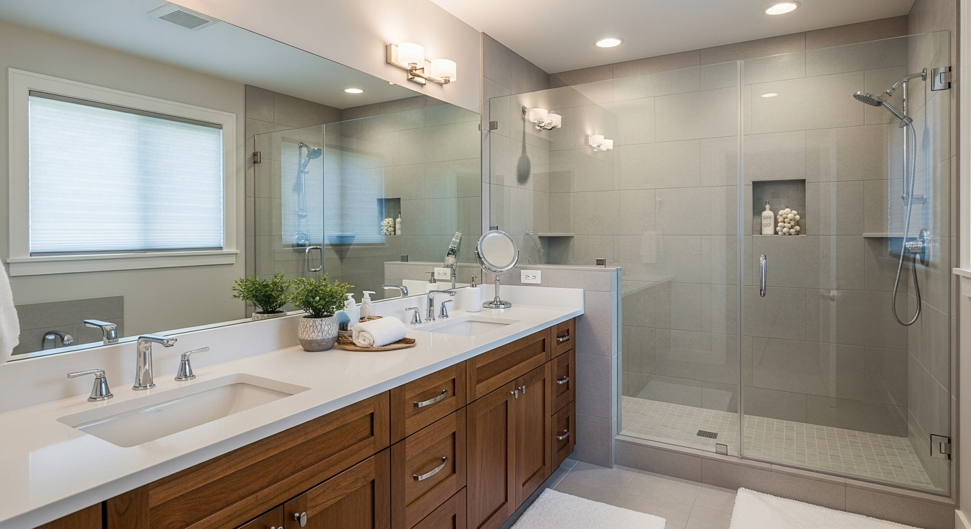 Modern bathroom with wooden vanity and glass shower