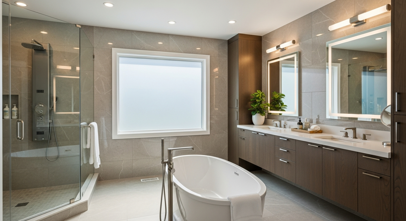Modern bathroom with freestanding tub and glass shower.