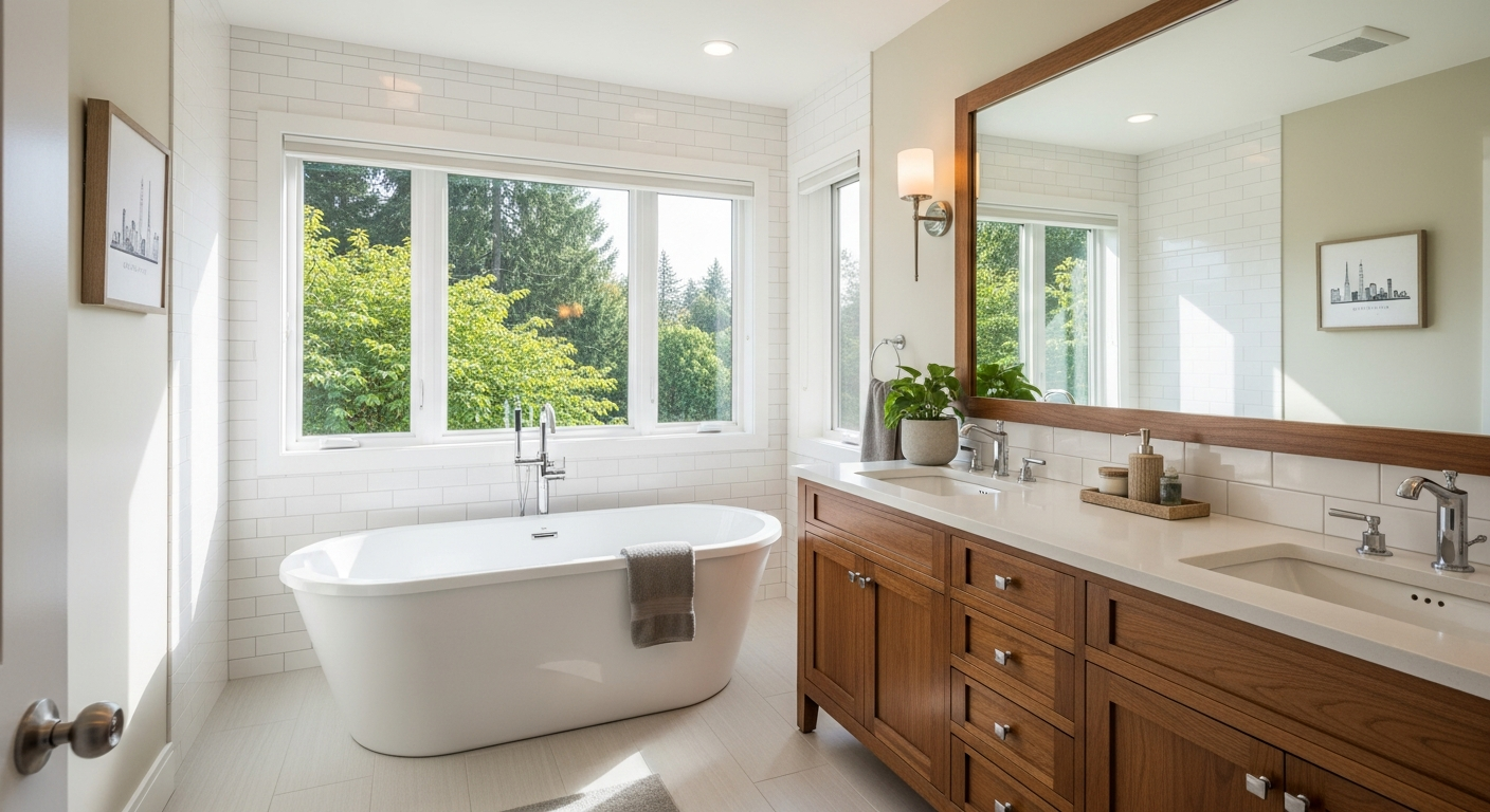 Modern bathroom with bathtub and large window view.