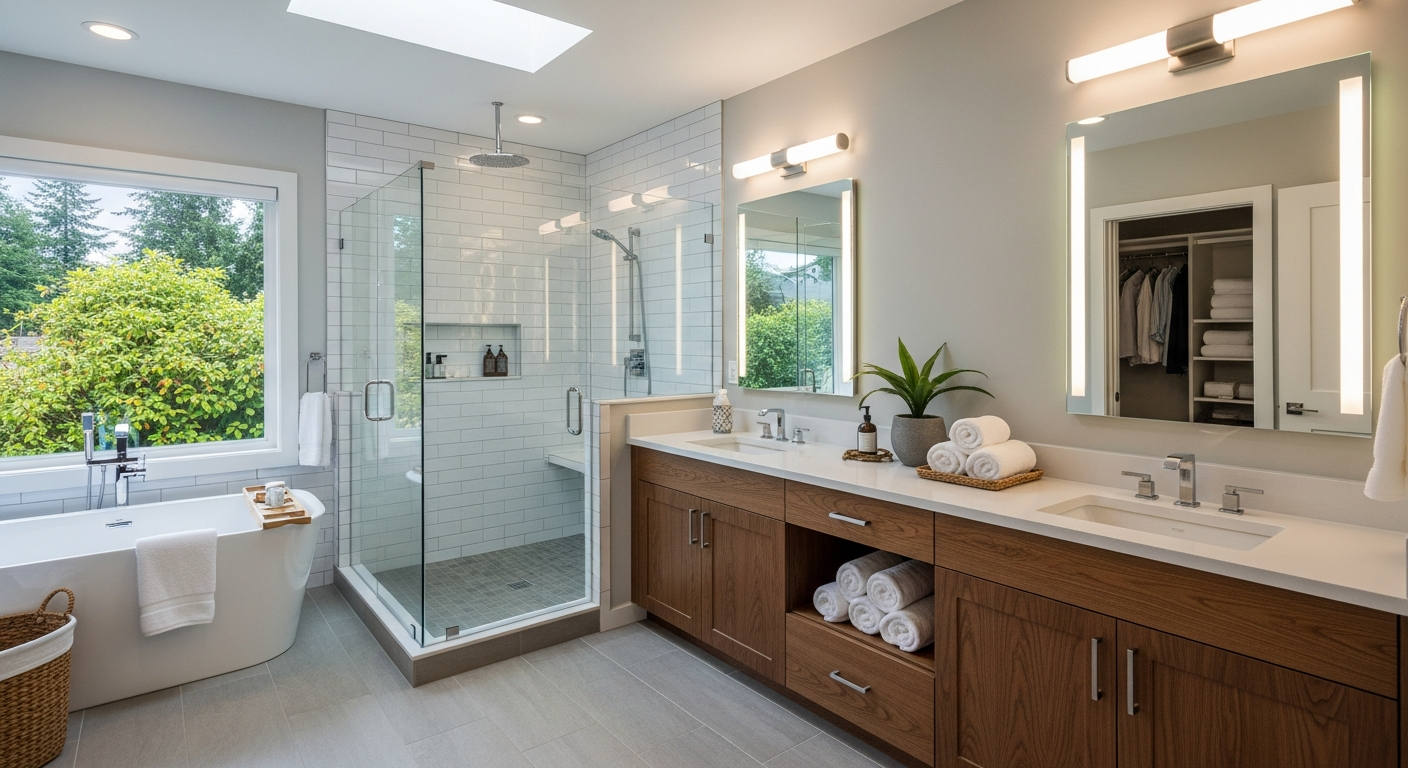 Modern bathroom with glass shower and bathtub