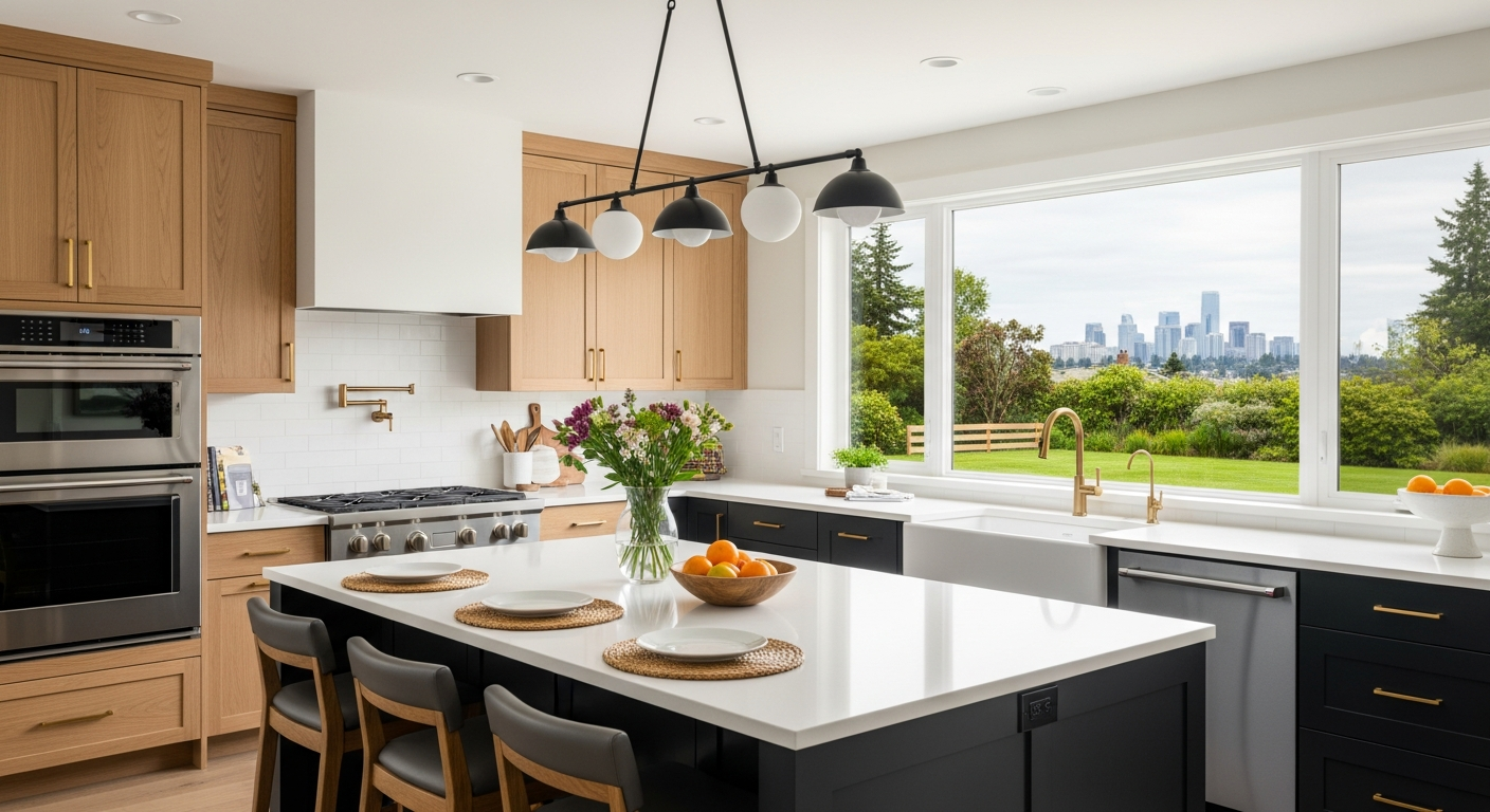 Modern kitchen with city view through large window.